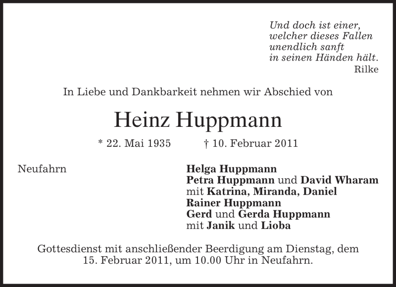  Traueranzeige für Heinz Huppmann vom 12.02.2011 aus MERKUR & TZ