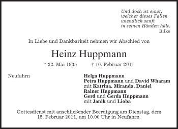Traueranzeige von Heinz Huppmann von MERKUR & TZ