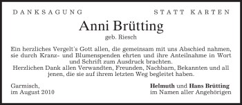 Traueranzeige von Anni Brütting von MERKUR & TZ