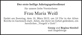 Traueranzeige von Maria Weiß von MERKUR & TZ