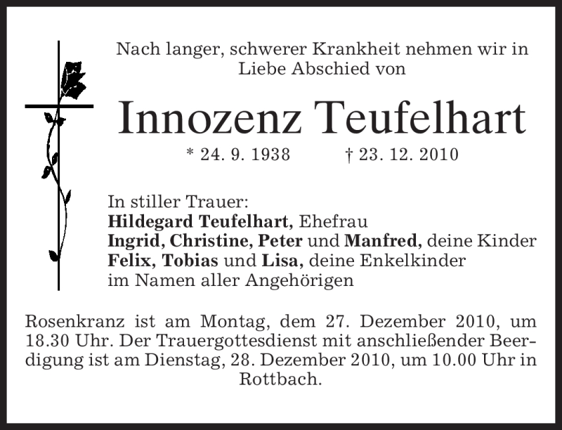  Traueranzeige für Innozenz Teufelhart vom 24.12.2010 aus MERKUR & TZ