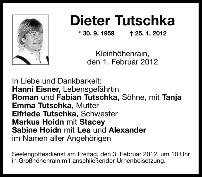  Traueranzeige für Dieter Tutschka vom 01.02.2012 aus MERKUR & TZ