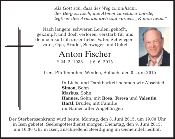 Traueranzeige von Anton Fischer von merkurtz