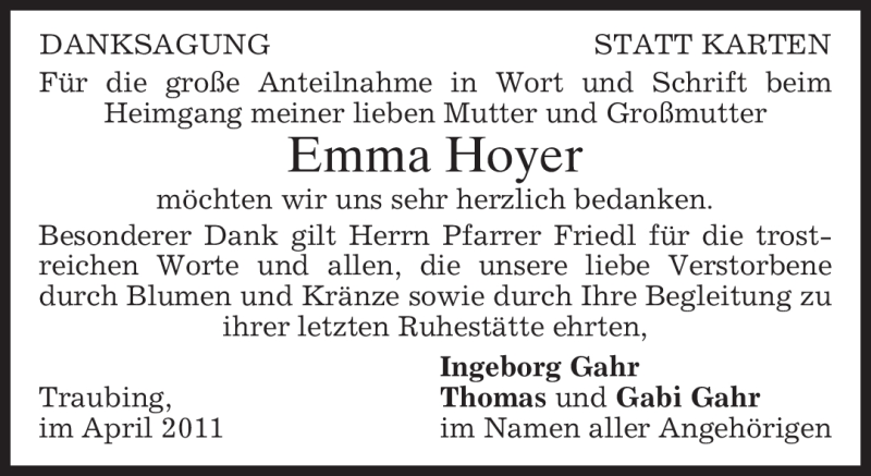 Traueranzeigen Von Emma Hoyer | Trauer.merkur.de