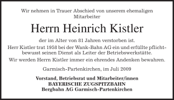 Traueranzeige von Heinrich Kistler von MERKUR & TZ