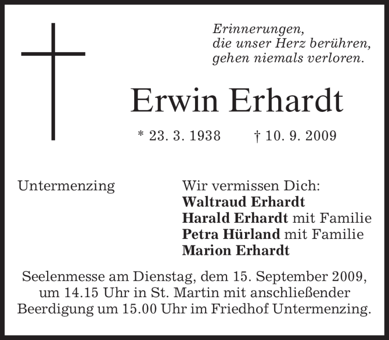  Traueranzeige für Erwin Erhardt vom 12.09.2009 aus MERKUR & TZ