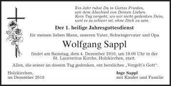 Traueranzeige von Wolfgang Sappl von MERKUR & TZ