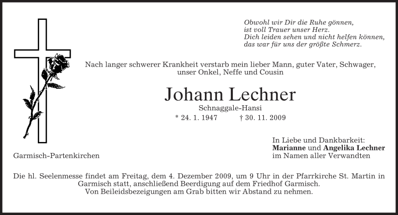  Traueranzeige für Johann Lechner vom 01.12.2009 aus MERKUR & TZ