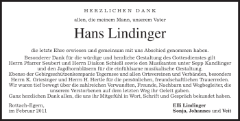 Traueranzeige von Hans Lindinger von MERKUR & TZ