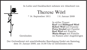 Traueranzeige von Therese Wörl von MERKUR & TZ
