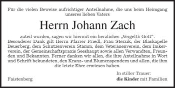 Traueranzeige von Johann Zach von MERKUR & TZ