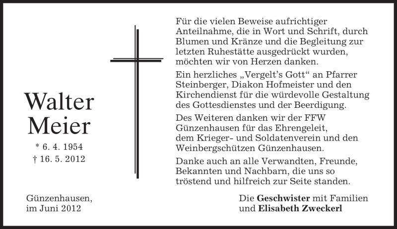  Traueranzeige für Walter Meier vom 02.06.2012 aus MERKUR & TZ