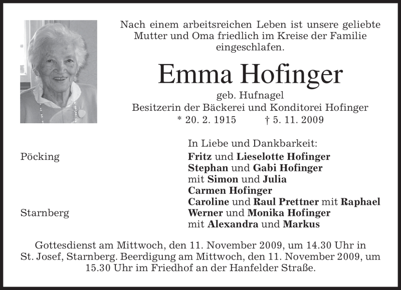 Traueranzeigen von Emma Hofinger | trauer.merkur.de