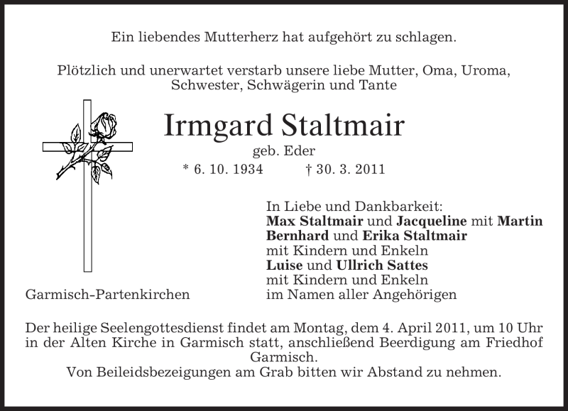  Traueranzeige für Irmgard Staltmair vom 01.04.2011 aus MERKUR & TZ