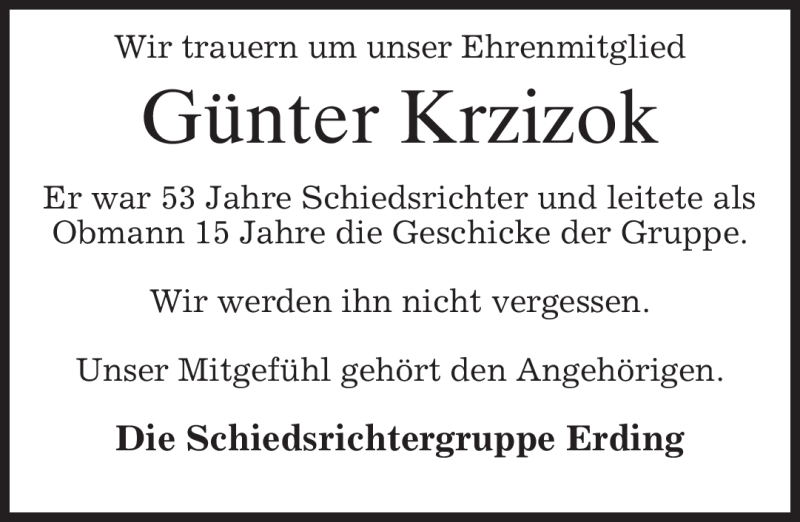  Traueranzeige für Günter Krzizok vom 14.11.2009 aus MERKUR & TZ