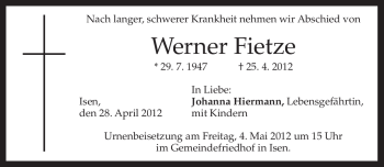Traueranzeige von Werner Fietze von MERKUR & TZ