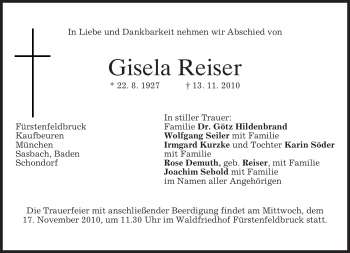 Traueranzeigen von Gisela Reiser | trauer.merkur.de