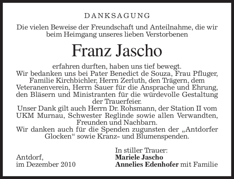  Traueranzeige für Franz Jascho vom 31.12.2010 aus MERKUR & TZ