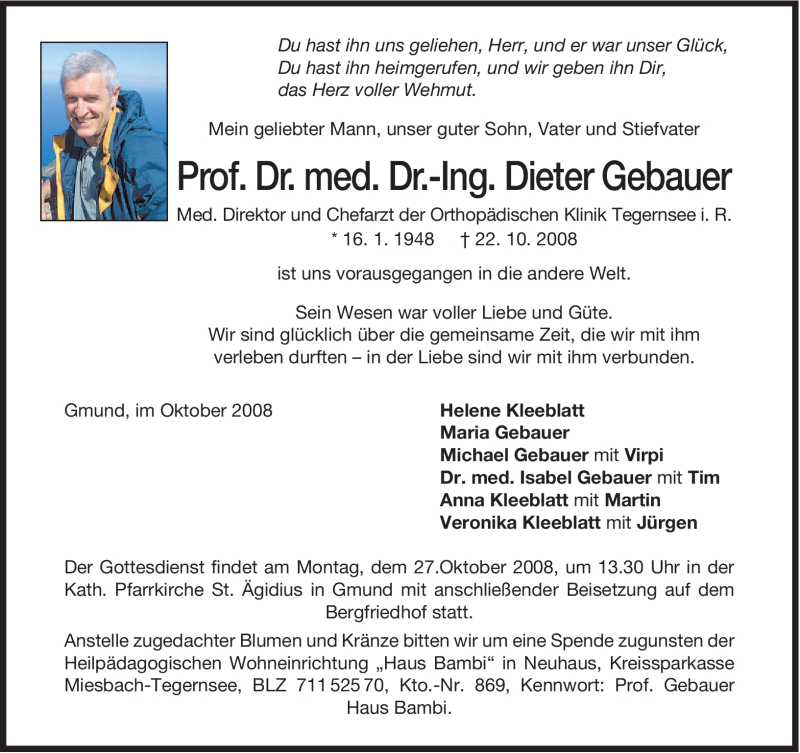  Traueranzeige für Dieter Gebauer vom 24.10.2008 aus MERKUR & TZ