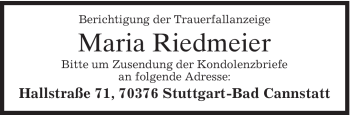 Traueranzeige von Maria Riedmeier von MERKUR & TZ