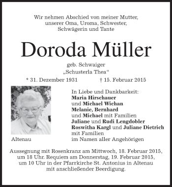 Traueranzeige von Doroda Müller von merkurtz