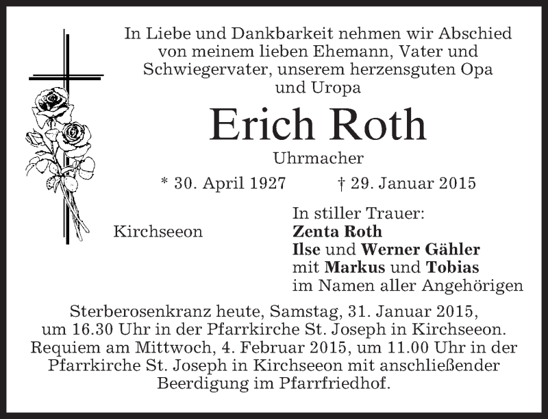  Traueranzeige für Erich Roth vom 31.01.2015 aus merkurtz