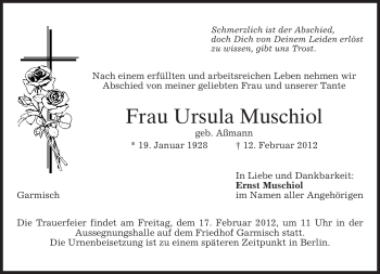 Traueranzeige von Ursula Muschiol von MERKUR & TZ