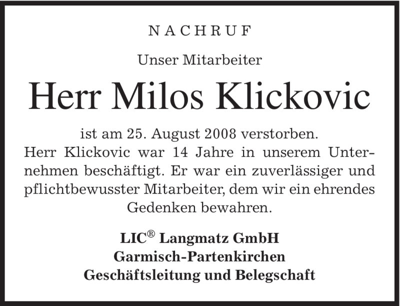  Traueranzeige für Milos Klickovic vom 05.09.2008 aus MERKUR & TZ