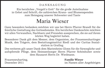 Traueranzeige von Maria Wieser von MERKUR & TZ