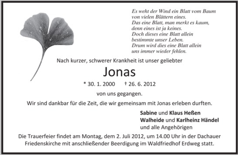  Traueranzeige für Jonas Heßen vom 29.06.2012 aus Münchener Merkur