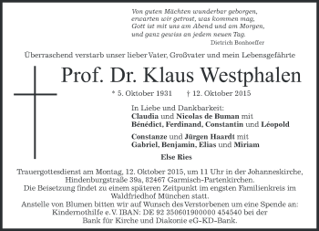 Traueranzeige von Klaus Westphalen 