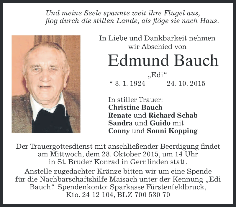  Traueranzeige für Edmund Bauch vom 27.10.2015 aus 