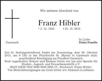 Traueranzeige von Franz Hibler 