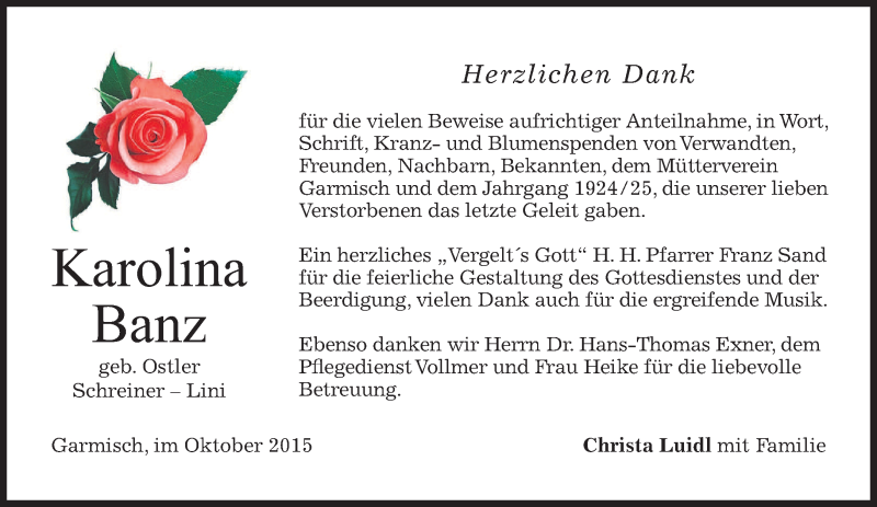 Traueranzeige für Karolina Banz vom 02.10.2015 aus 