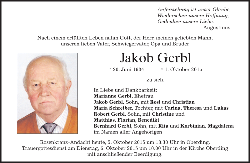  Traueranzeige für Jakob Gerbl vom 05.10.2015 aus 