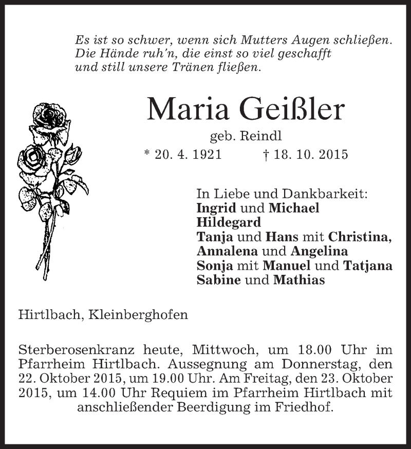  Traueranzeige für Maria Geißler vom 21.10.2015 aus 