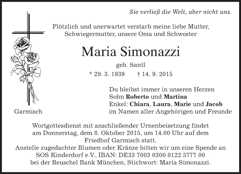  Traueranzeige für Maria Simonazzi vom 05.10.2015 aus 