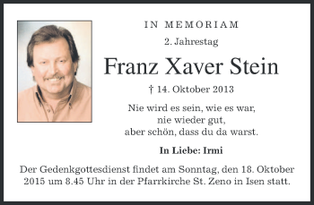 Traueranzeige von Franz Xaver Stein 