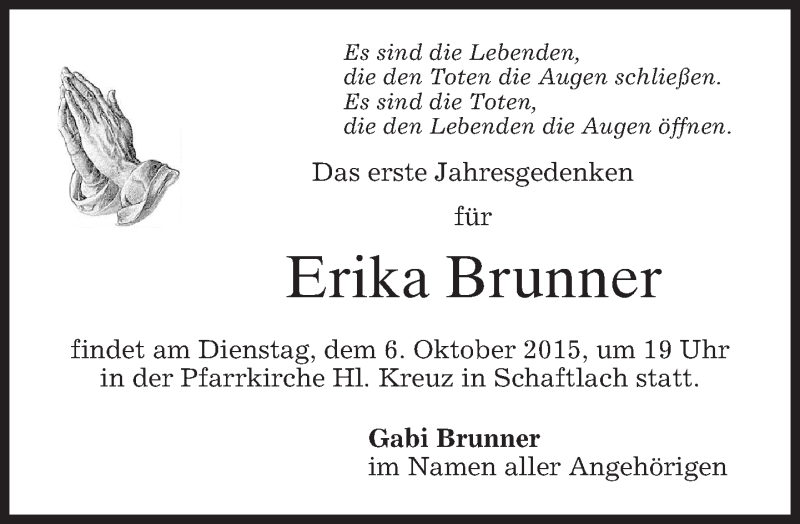  Traueranzeige für Erika Brunner vom 02.10.2015 aus 
