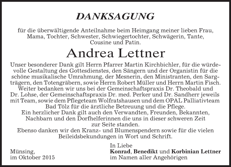  Traueranzeige für Andrea Lettner vom 02.10.2015 aus 