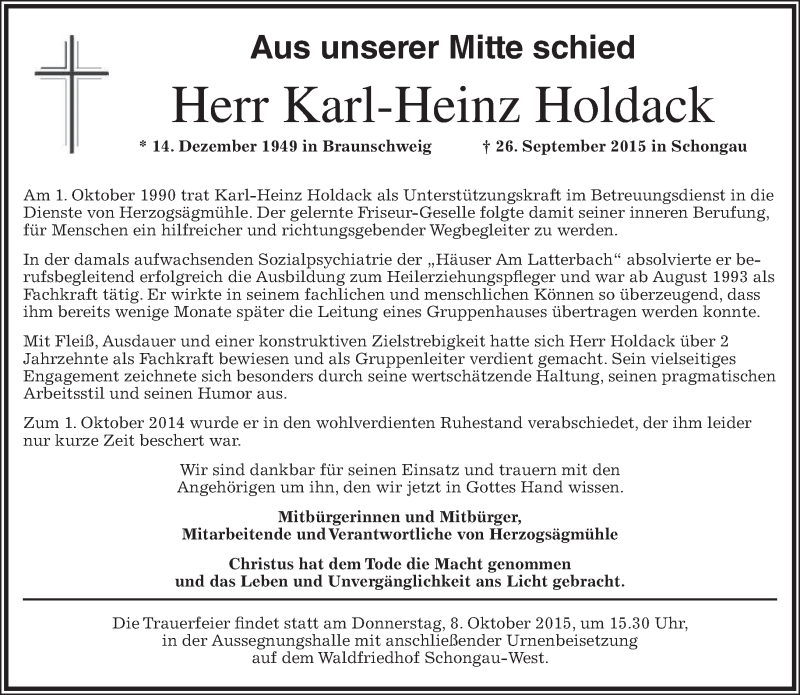  Traueranzeige für Karl-Heinz Holdack vom 02.10.2015 aus 