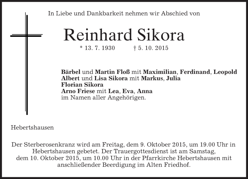  Traueranzeige für Reinhard Sikora vom 07.10.2015 aus 
