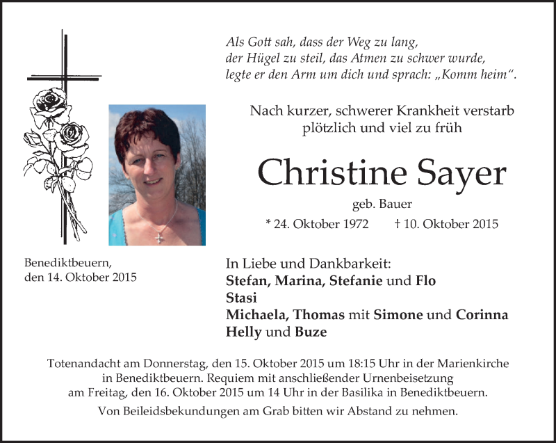  Traueranzeige für Christine Sayer vom 14.10.2015 aus 