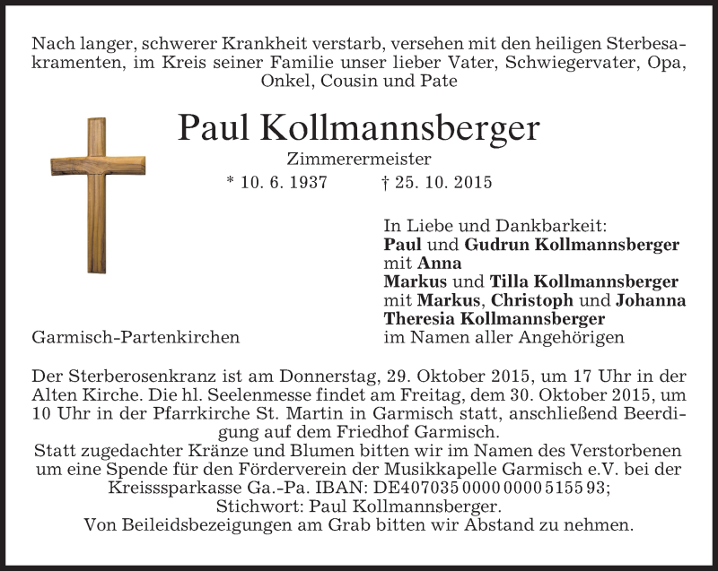  Traueranzeige für Paul Kollmannsberger vom 27.10.2015 aus 