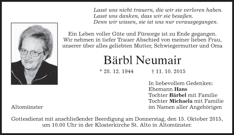  Traueranzeige für Bärbl Neumair vom 14.10.2015 aus 