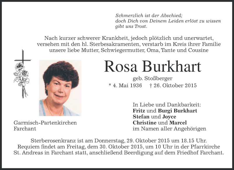  Traueranzeige für Rosa Burkhart vom 28.10.2015 aus 