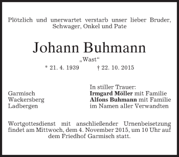 Traueranzeige von Johann Buhmann 