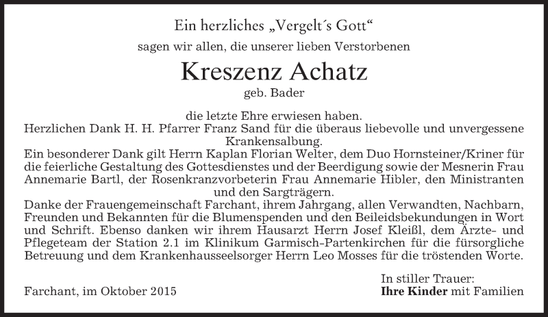  Traueranzeige für Kreszenz Achatz vom 02.10.2015 aus 