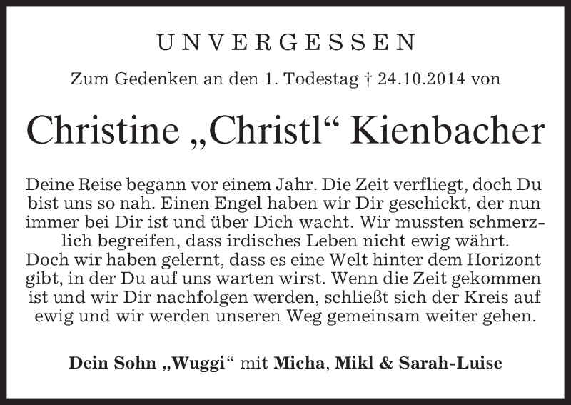  Traueranzeige für Christine Kienbacher vom 24.10.2015 aus 