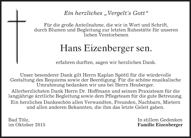 Traueranzeige für Hans Eizenberger vom 02.10.2015 aus 